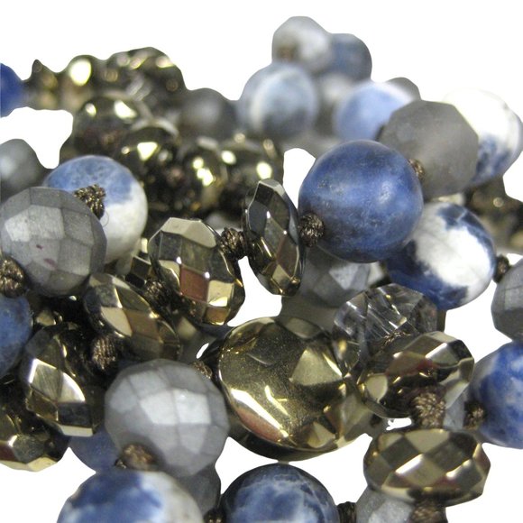 Necklace Blue Stone Beaded Goldtone Faceted Metal 36 inch Strand Statement - Picture 2 of 6